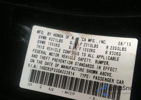 2016 Honda Accord Ex из США, поврежденный, VIN 1HGCR2F00GA003914